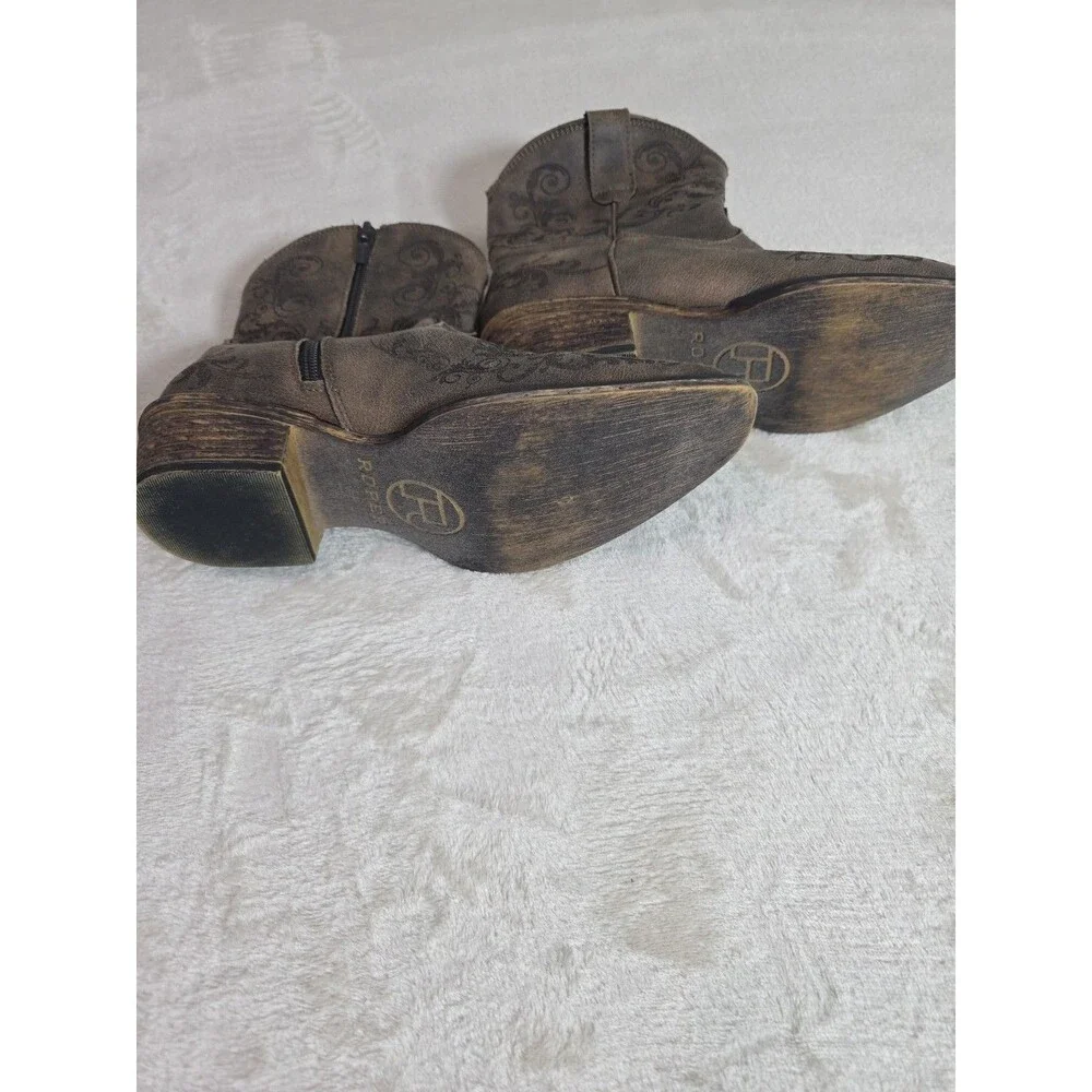 Roper Boots Women’s 6.5 Short Stuff Western Embroidery Snip Toe Brown Zip Ankle - Picture 6 of 8